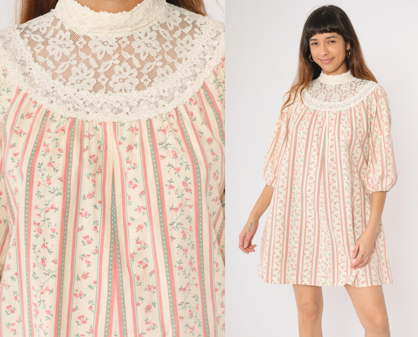70s Princess Kaiulani Hawaiian Mini Dress Lace Yoke Balloon Sleeve Cream Pink Medium