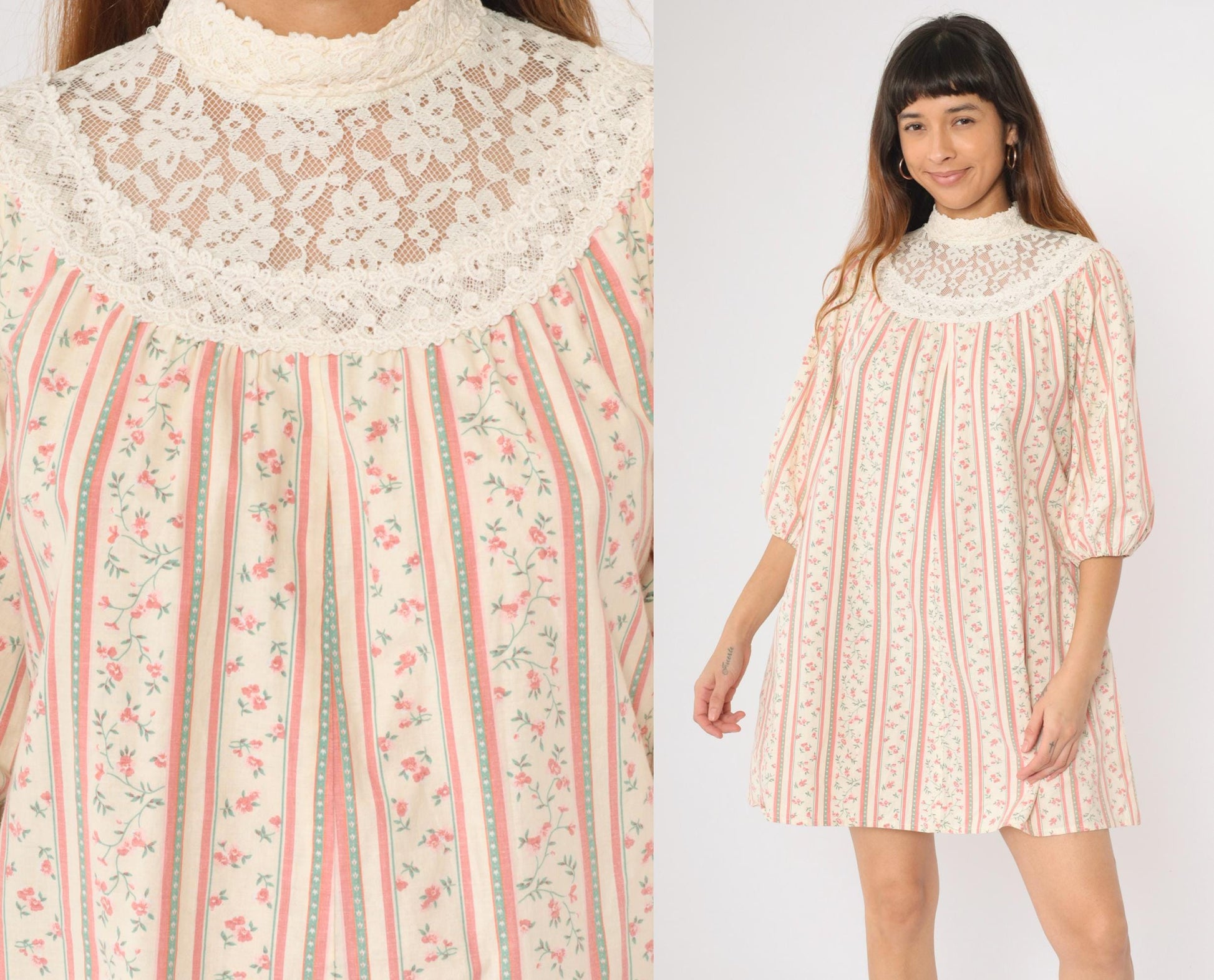 70s Princess Kaiulani Hawaiian Mini Dress Lace Yoke Balloon Sleeve Cream Pink Medium