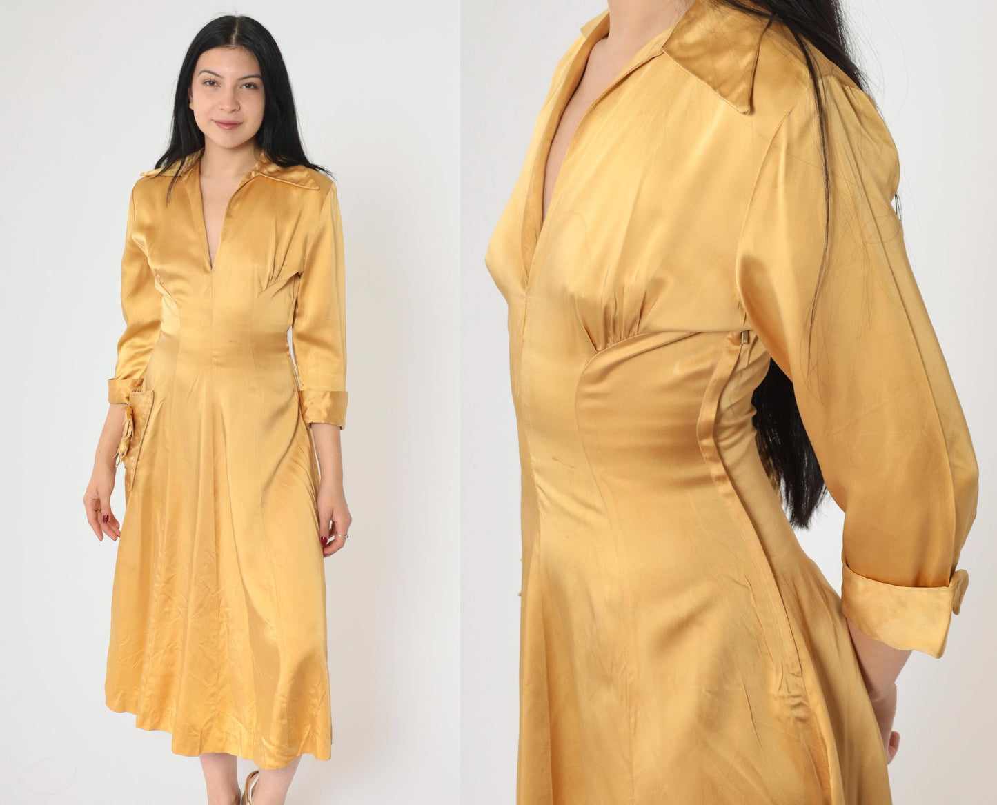 1940s Gold Satin Dress Floral Appliqué Pointed Collar Midi Extra Small