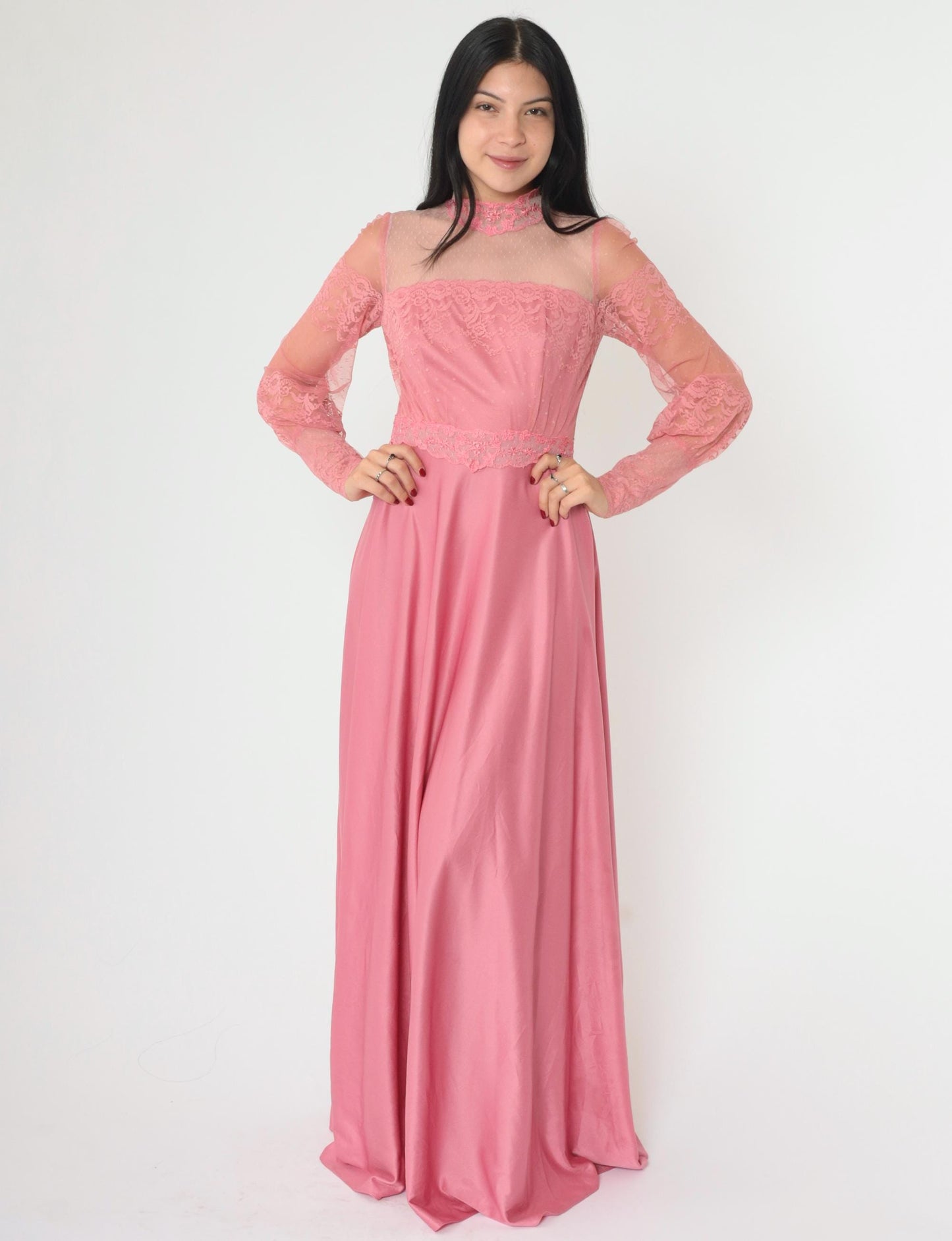 70s Pink Lace Maxi Dress High Neck Balloon Sleeve Small 4