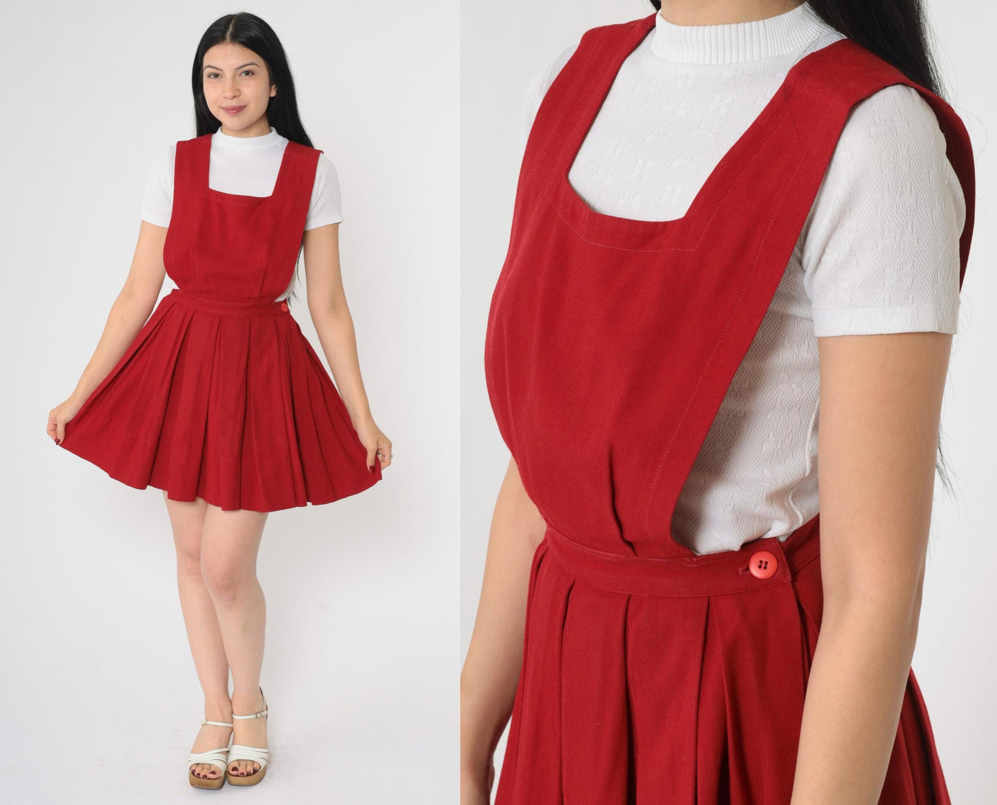 70s Red Pleated Mini Jumper Dress High Waist Pinafore Small