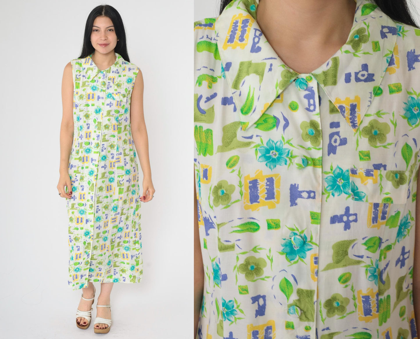 90s Floral Button-Up Dress White Green Blue Rayon Ankle Length Medium M