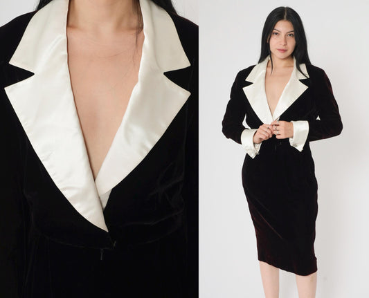 90s Black Velvet Wrap Dress White Satin Collar Deep V Midi Medium