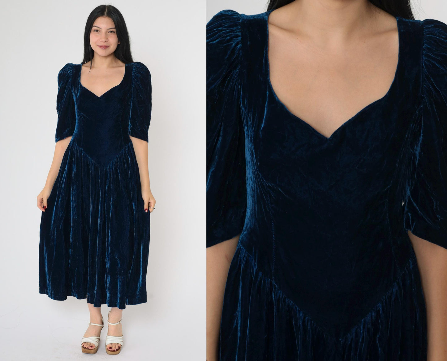 80s Blue Velvet Midi Dress Puff Sleeve Sweetheart Neckline Basque Waist Extra Small