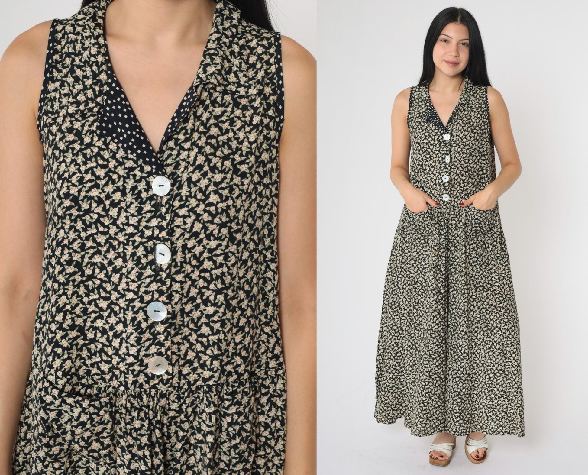 90s Black Floral Sleeveless Dress Button-Up Drop Waist Ankle Length Medium M