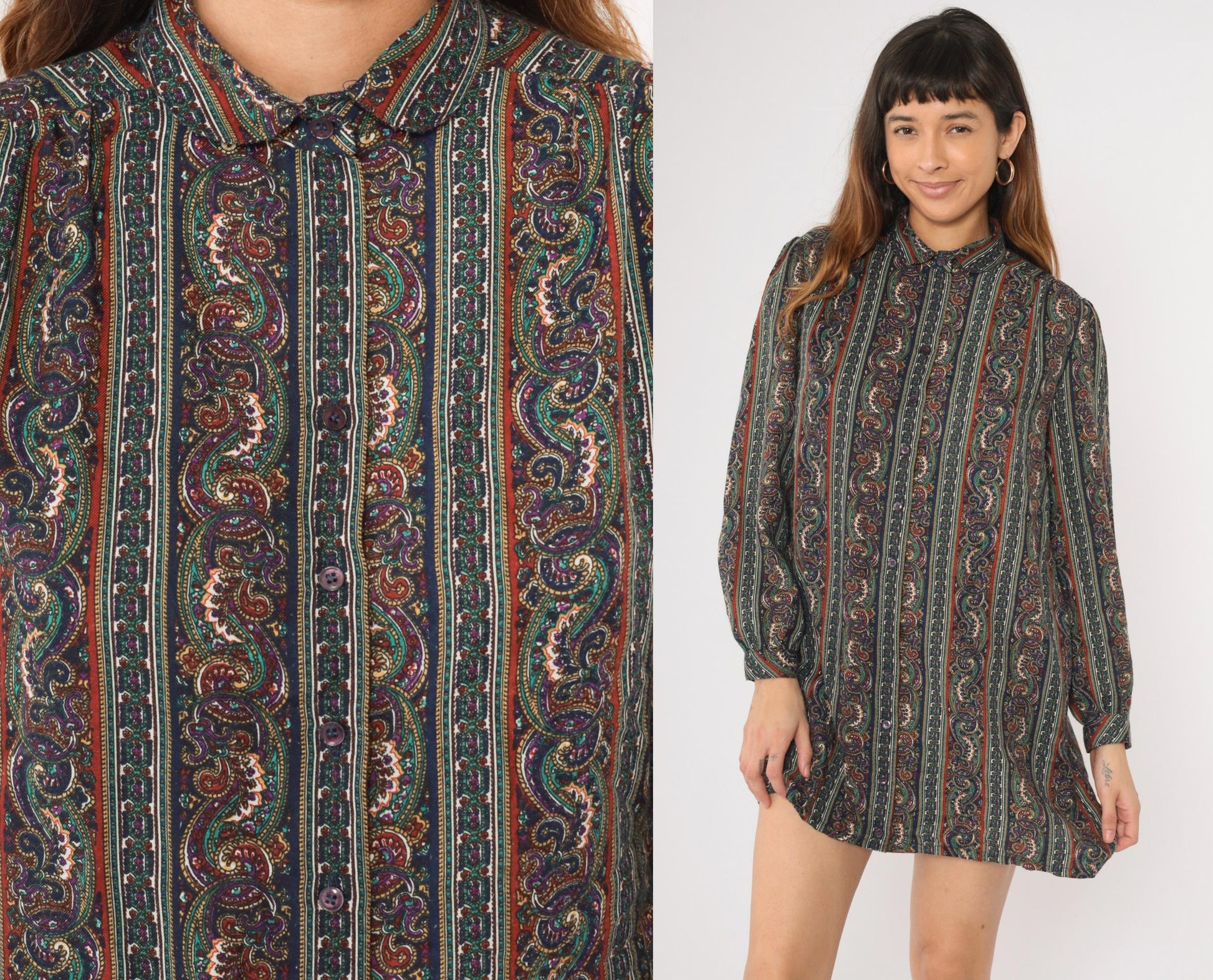 80s Paisley Striped Mini Dress Puff Sleeve Button-Up Shirtdress Medium Large
