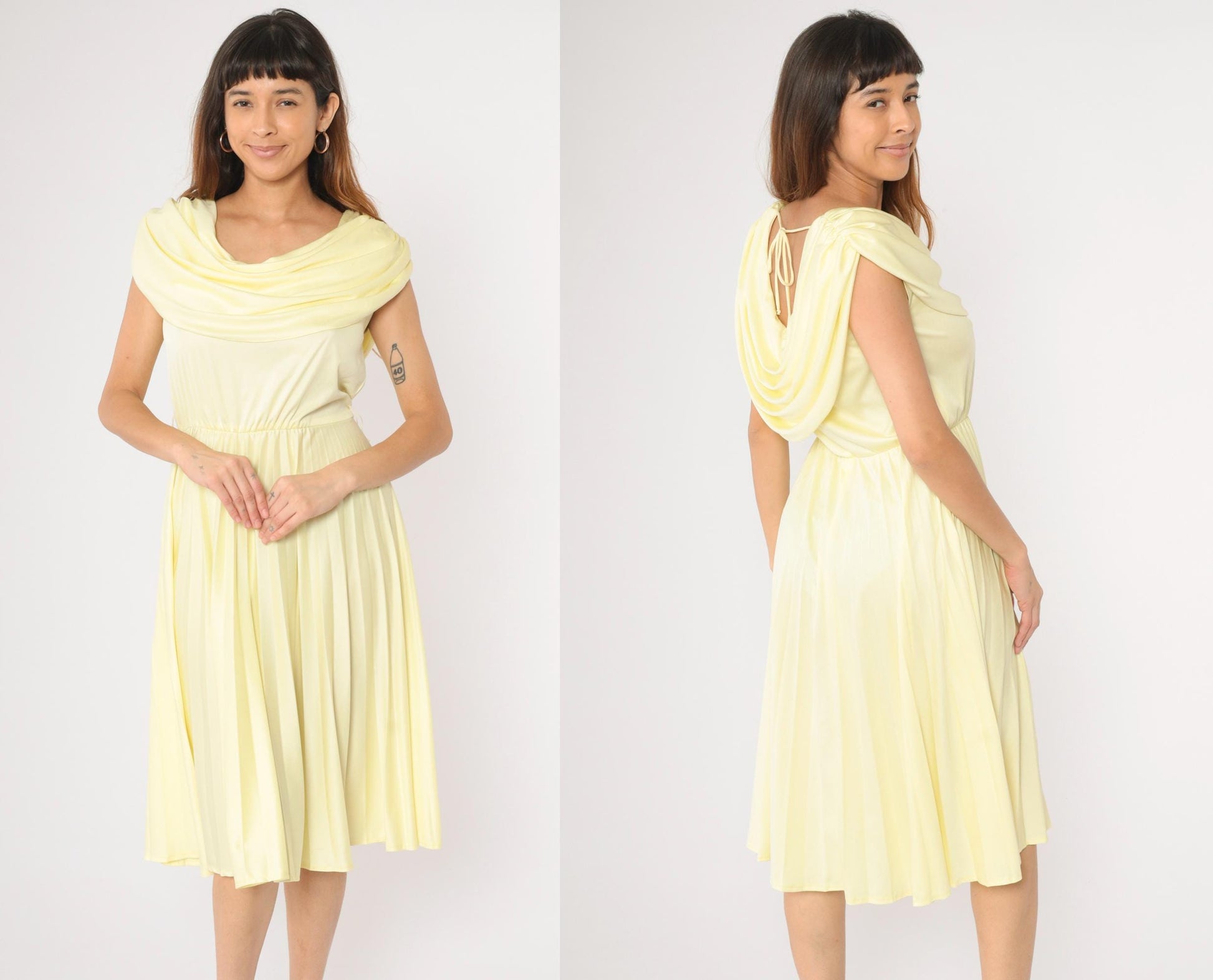 70s Vicky Vaughn Junior Yellow Cowl Neck Midi Dress Pleated Sleeveless Medium M