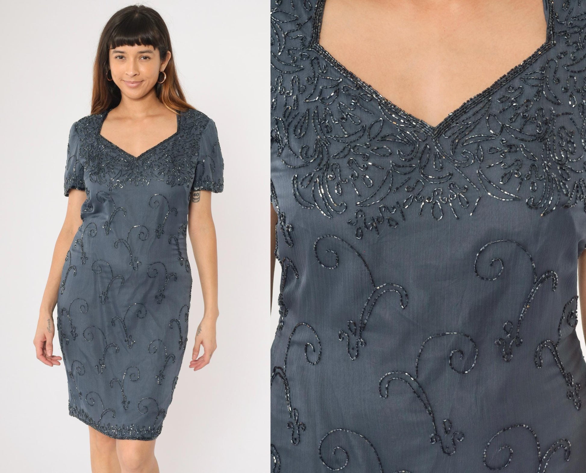 90s JMD New York Grey Silk Beaded Sheath Dress Sweetheart Neckline Small S