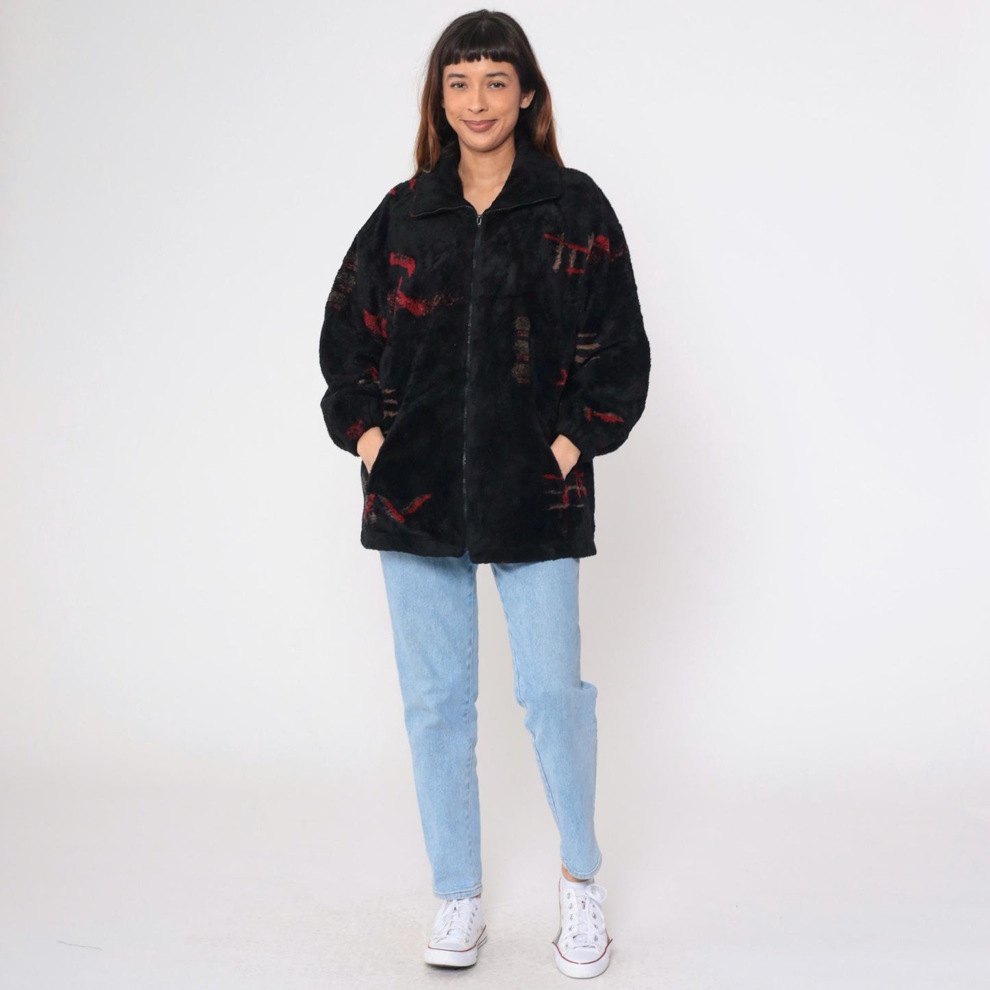 90s Forecaster Fleece Jacket Black Abstract Geometric Zip Up Extra Small