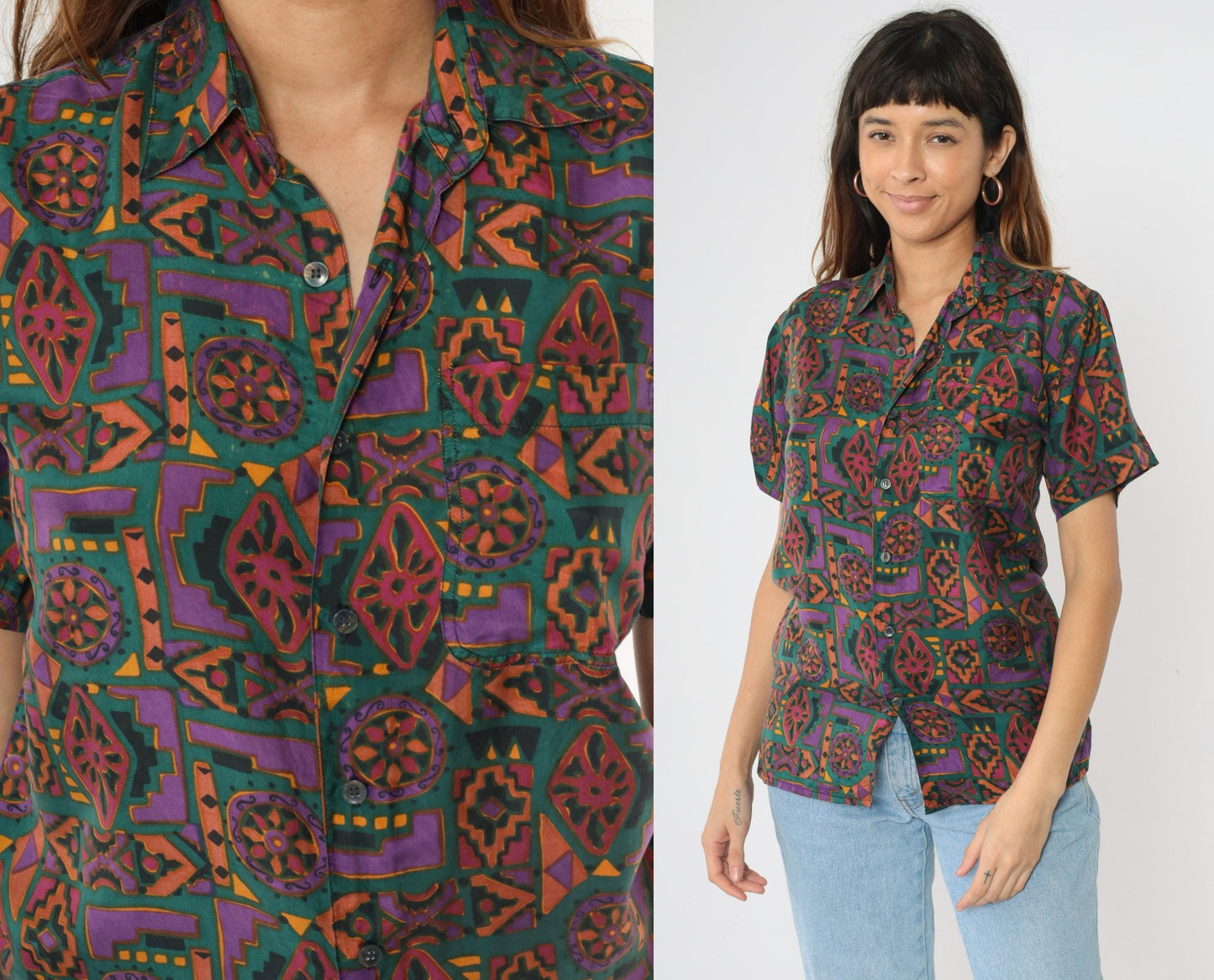 90s Robert Stock Silk Button Up Geometric Print Purple Green Short Sleeve Extra Small