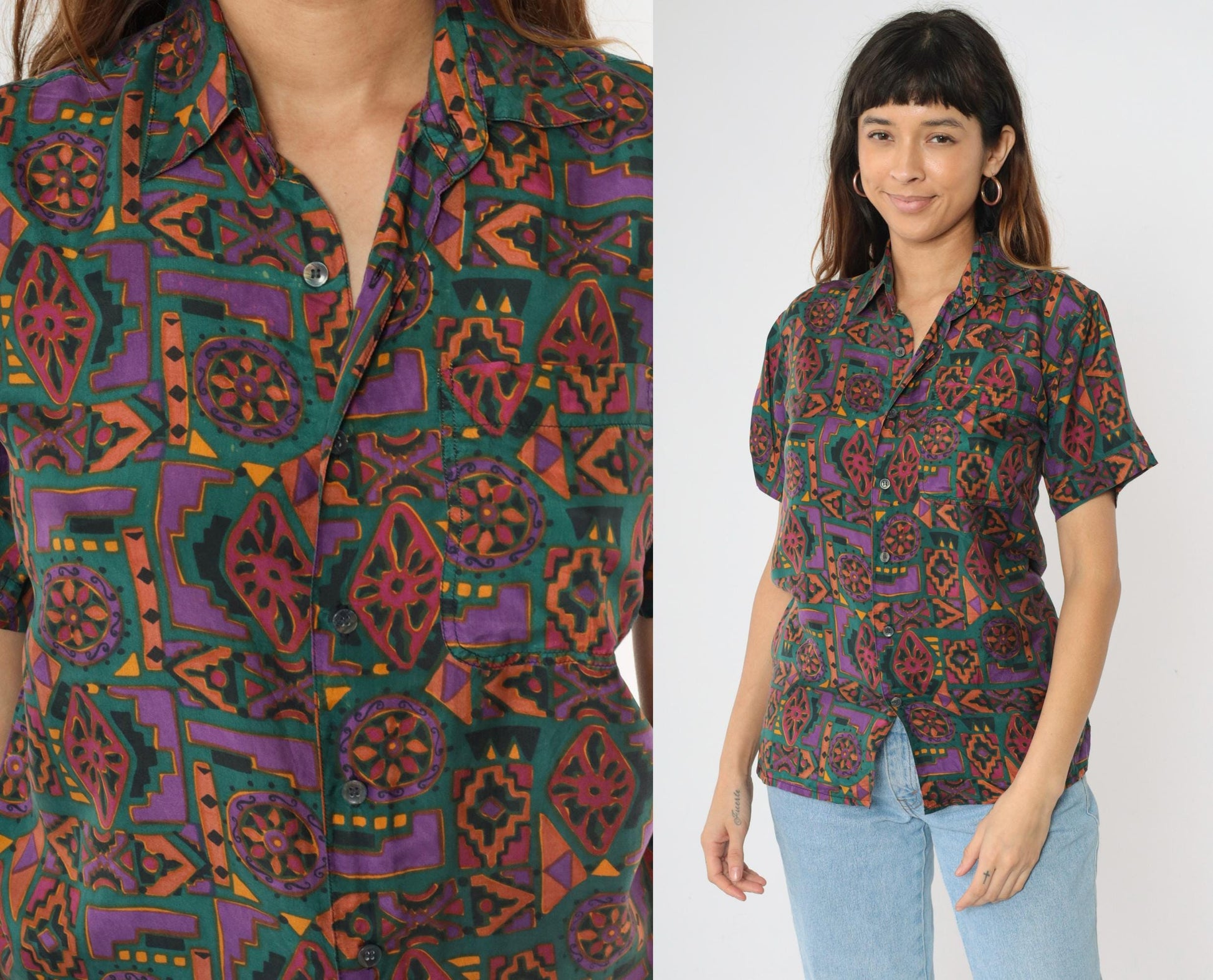 90s Robert Stock Silk Button Up Geometric Print Purple Green Short Sleeve Extra Small