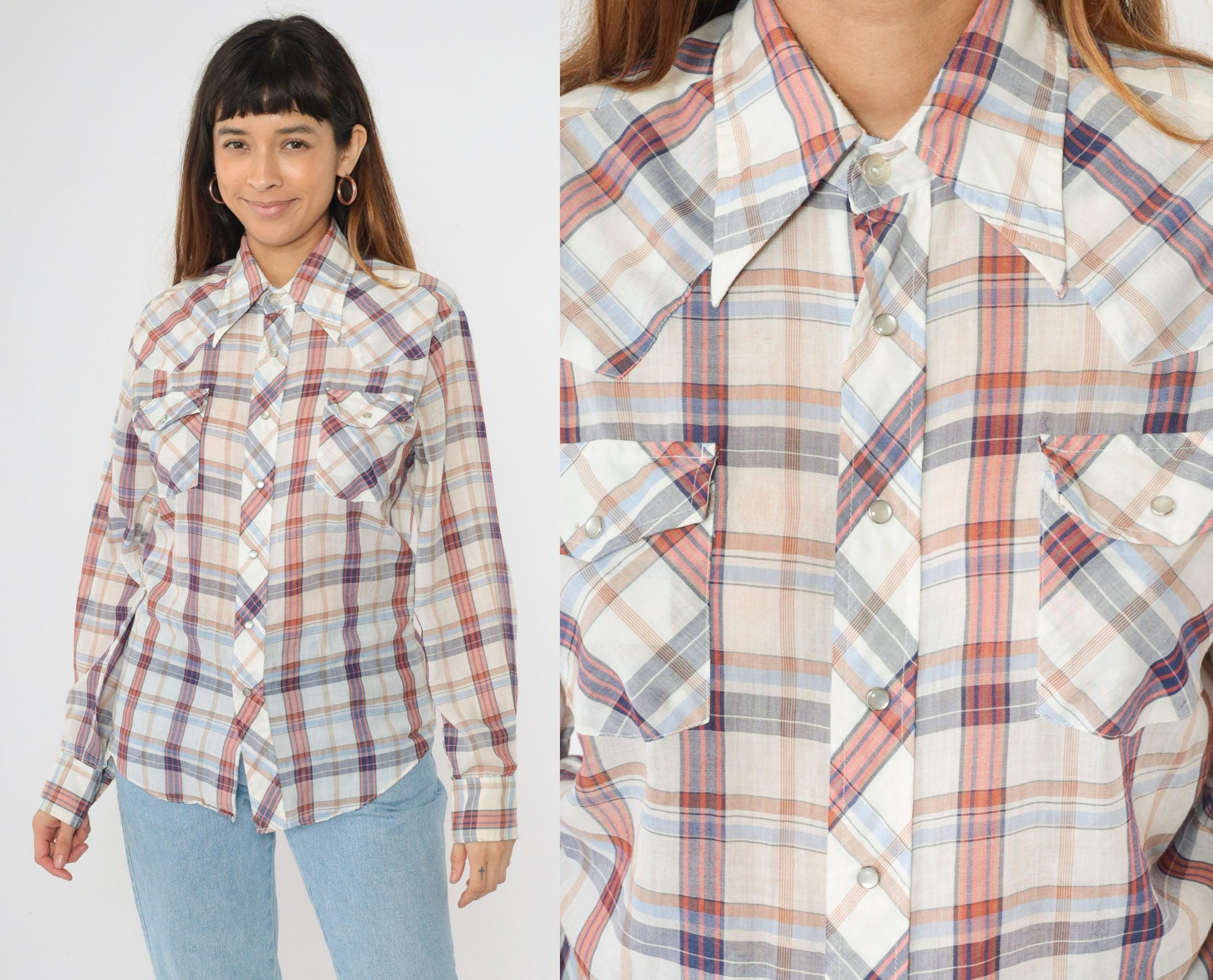 70s Western Pearl Snap Shirt Plaid White Red Blue Dagger Collar Men's Small
