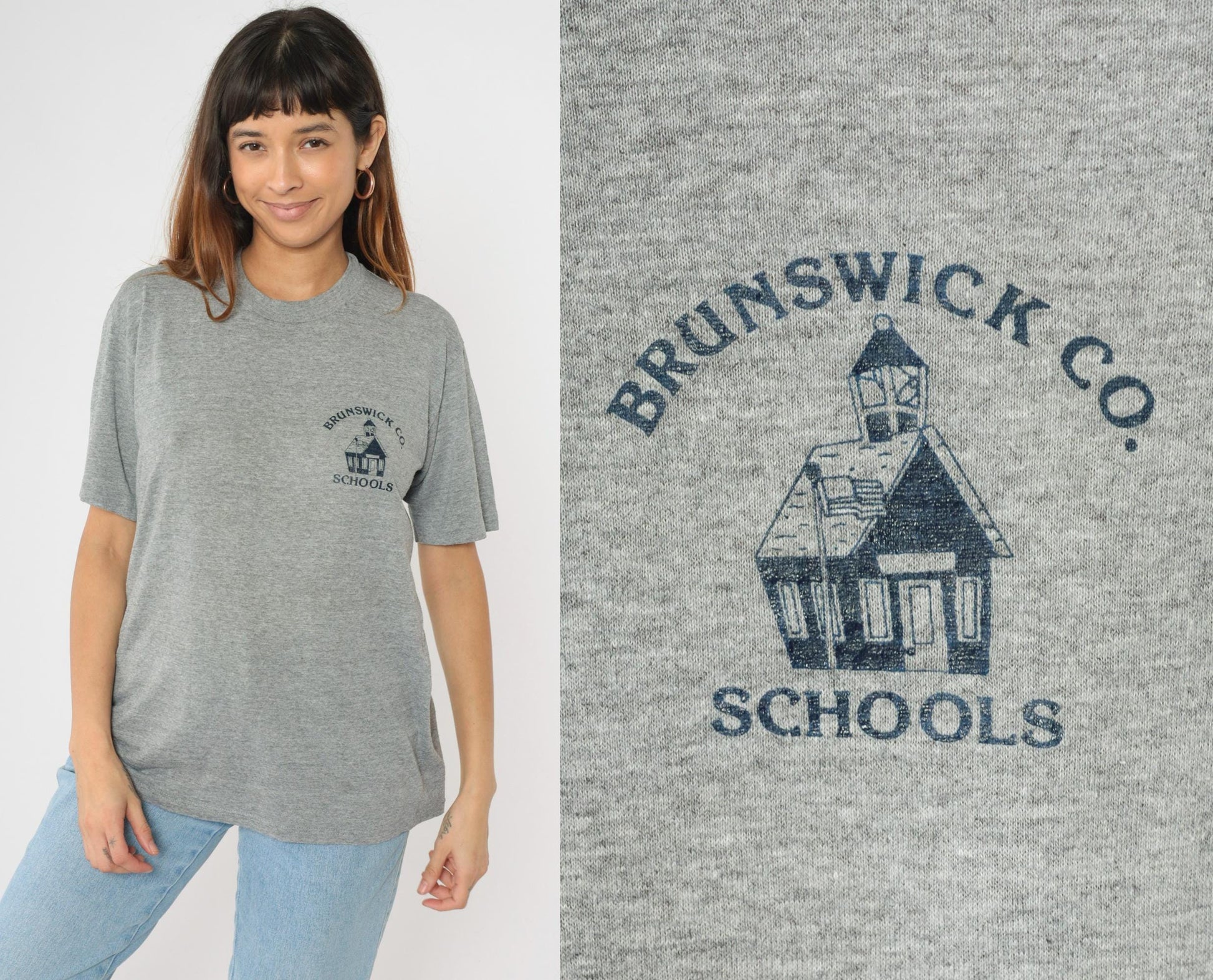 90s Brunswick County Schools Graphic T-Shirt Grey Jerzees USA Made Large