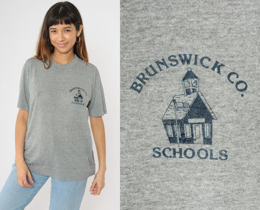 90s Brunswick County Schools Graphic T-Shirt Grey Jerzees USA Made Large