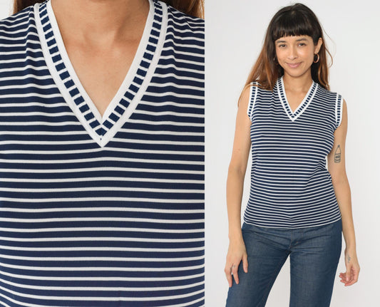 80s Kmart Navy Striped Tank Top V-Neck Ringer Tee White Small