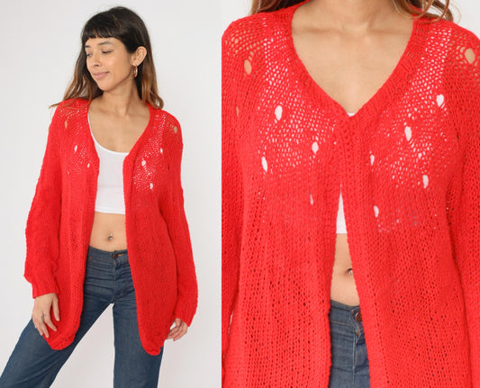 70s Red Cardigan Sweater Open Weave Sheer Knit Long Sleeve Large