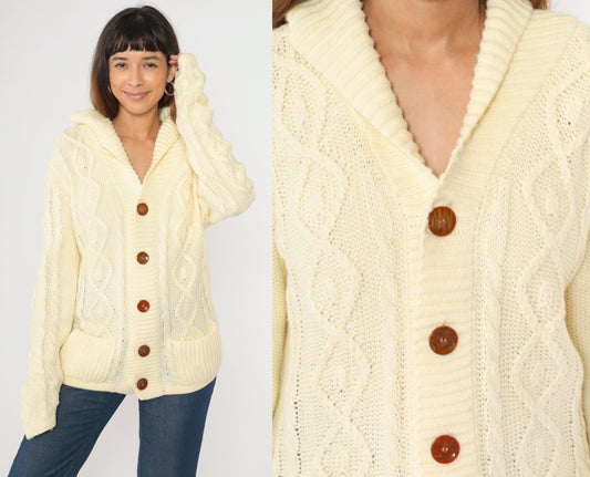 70s Richman Brothers Cable Knit Cardigan Cream Shawl Collar Medium