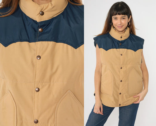 80s Goose Down Puffer Vest Tan Navy Yoke Colour Block Ski Sleeveless Large L