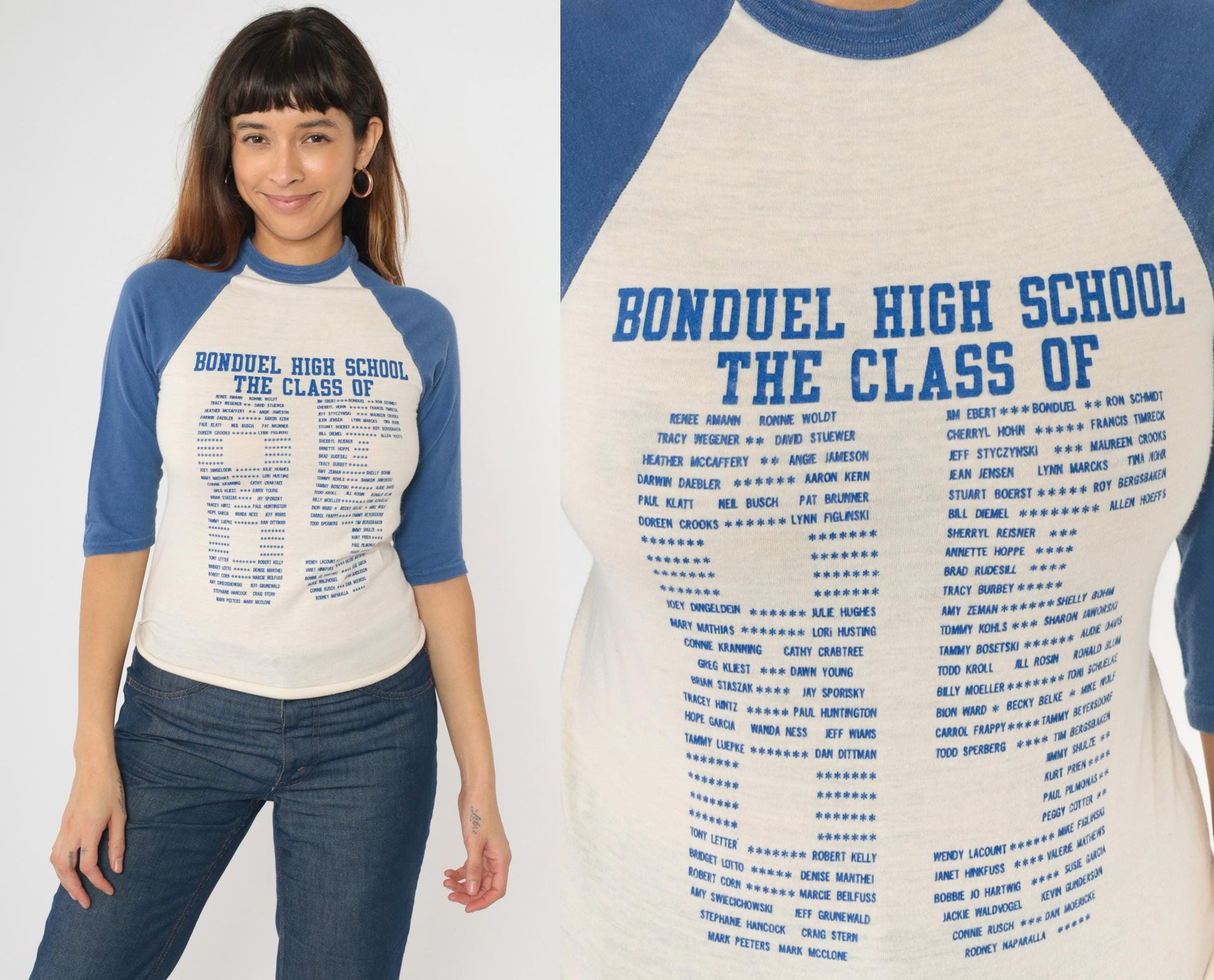 80s Bonduel High School Class of 1985 Raglan Baseball Tee Blue White Graphic Small