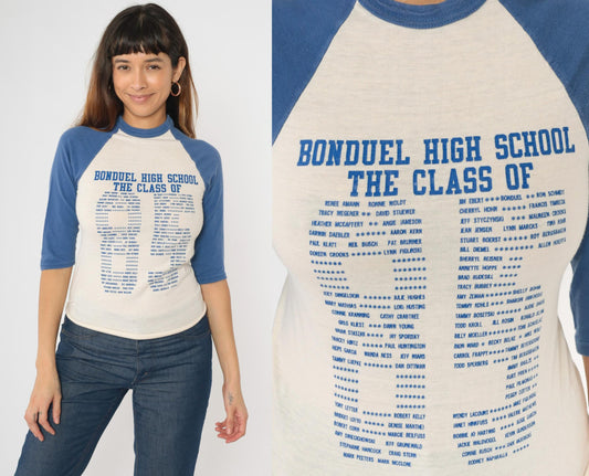 80s Bonduel High School Class of 1985 Raglan Baseball Tee Blue White Graphic Small