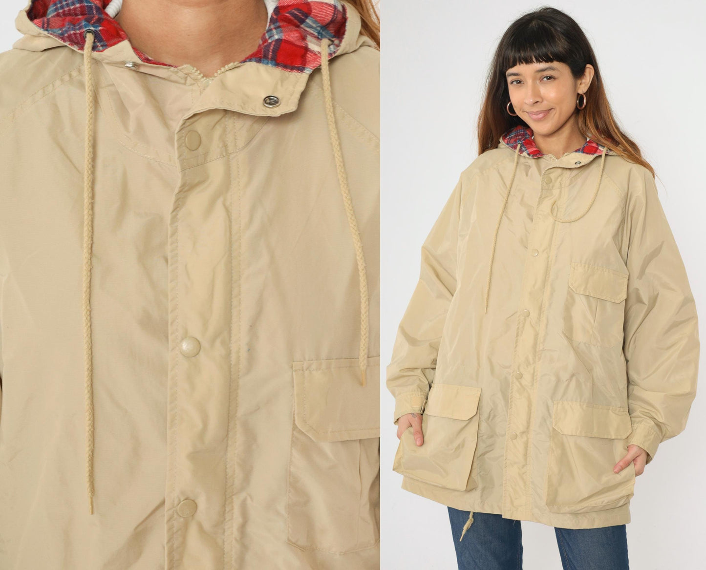 80s Open Trails Beige Nylon Anorak Jacket Plaid Lined Hooded Windbreaker Large L