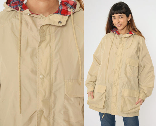 80s Open Trails Beige Nylon Anorak Jacket Plaid Lined Hooded Windbreaker Large L