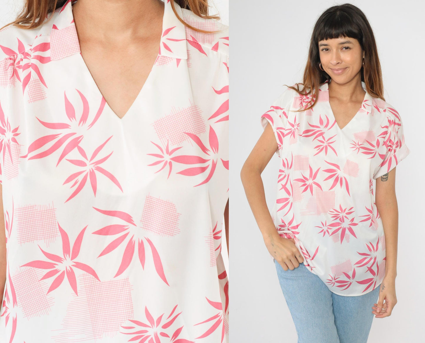 80s Aimee of California Hawaiian Shirt White Pink Tropical Print V-Neck Large L
