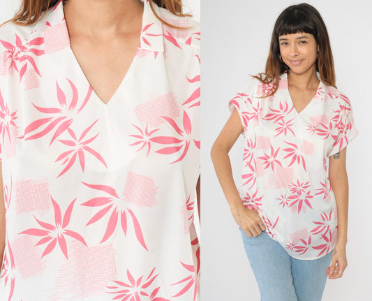 80s Aimee of California Hawaiian Shirt White Pink Tropical Print V-Neck Large L