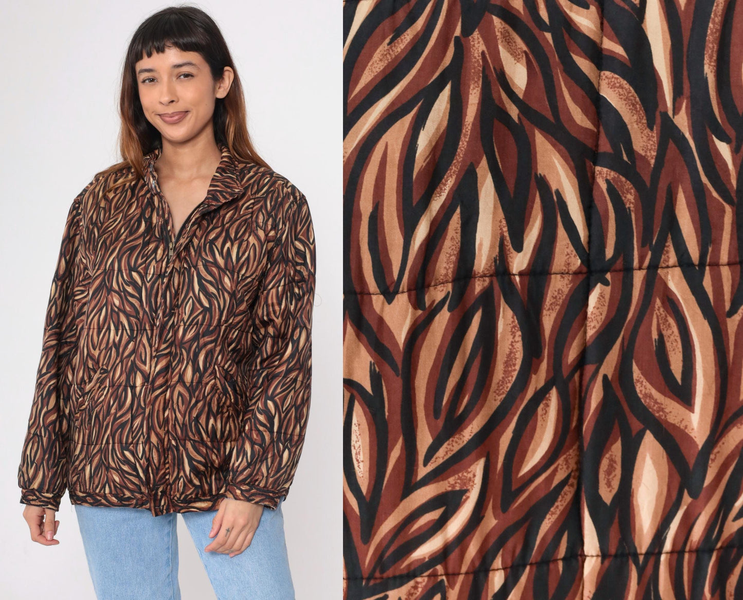 90s Clio Silk Puffer Jacket Abstract Animal Print Brown Medium