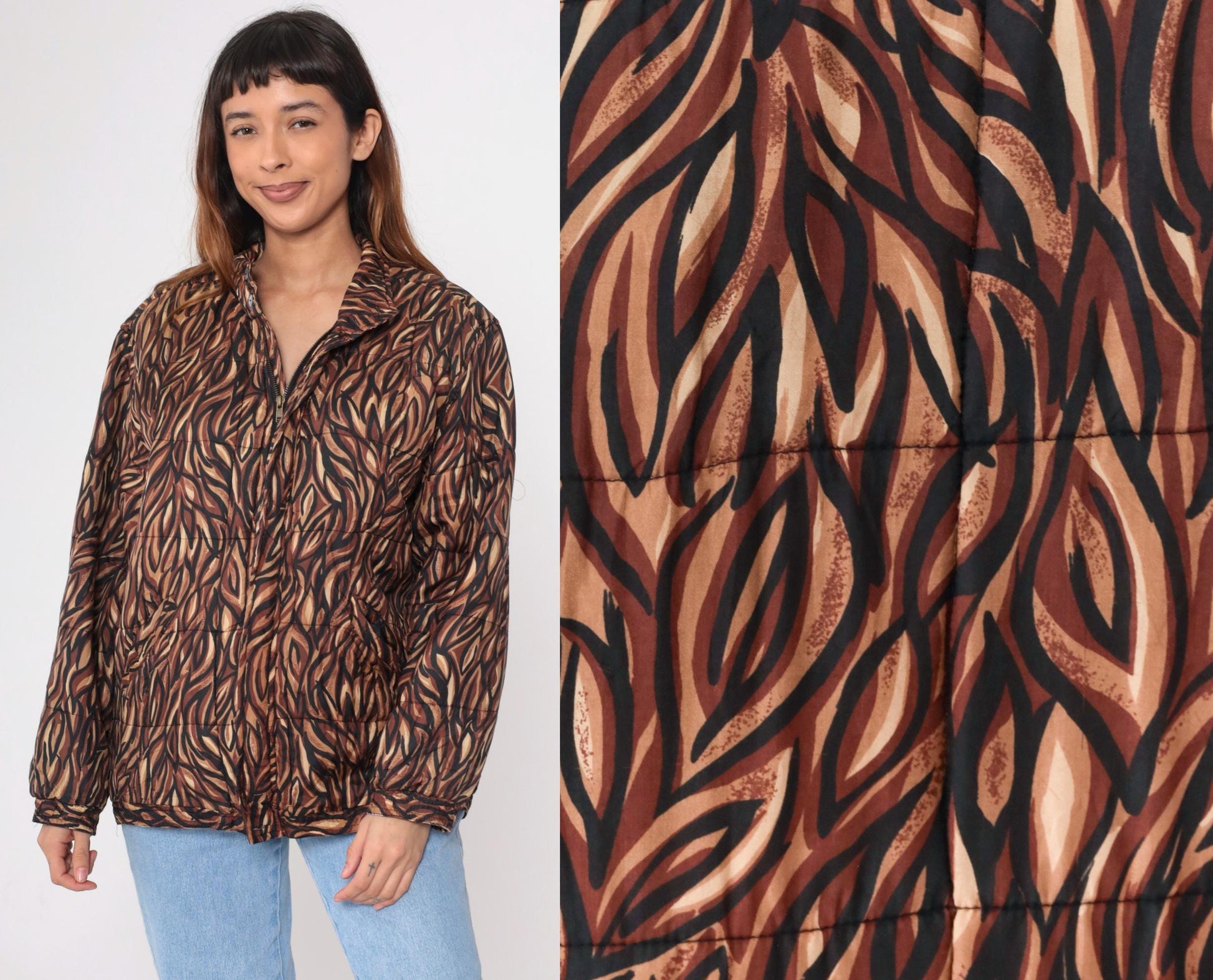90s Clio Silk Puffer Jacket Abstract Animal Print Brown Medium