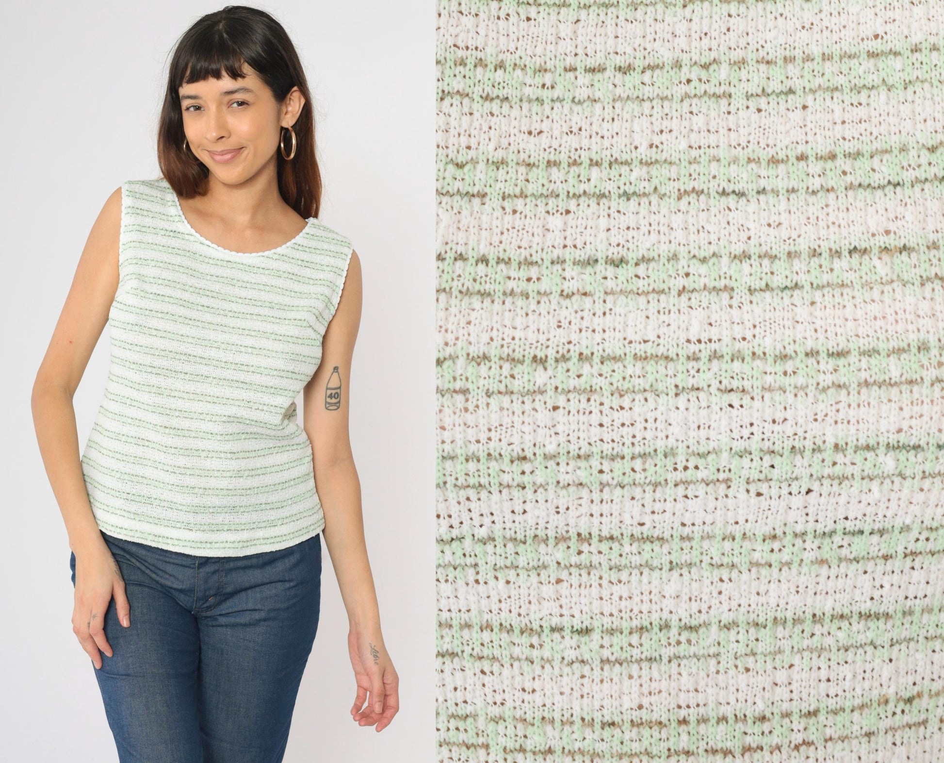 70s Green White Striped Knit Tank Top Scoop Neck Small Medium
