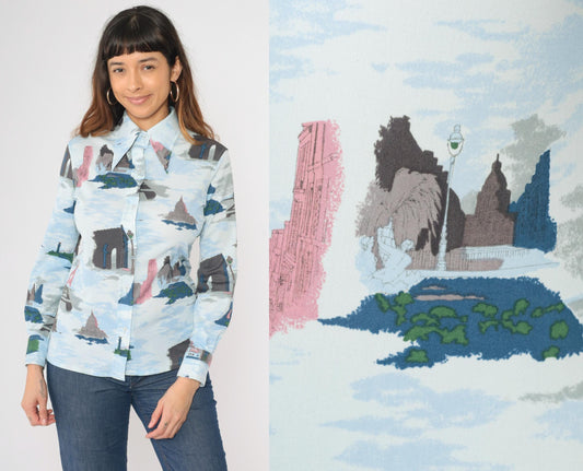 70s Loubella Parisian Print Blouse Blue Button Up Eiffel Tower Medium