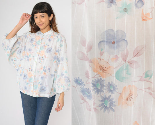 70s Pastel Floral Mandarin Collar Blouse Batwing Sleeve Button Up Large L