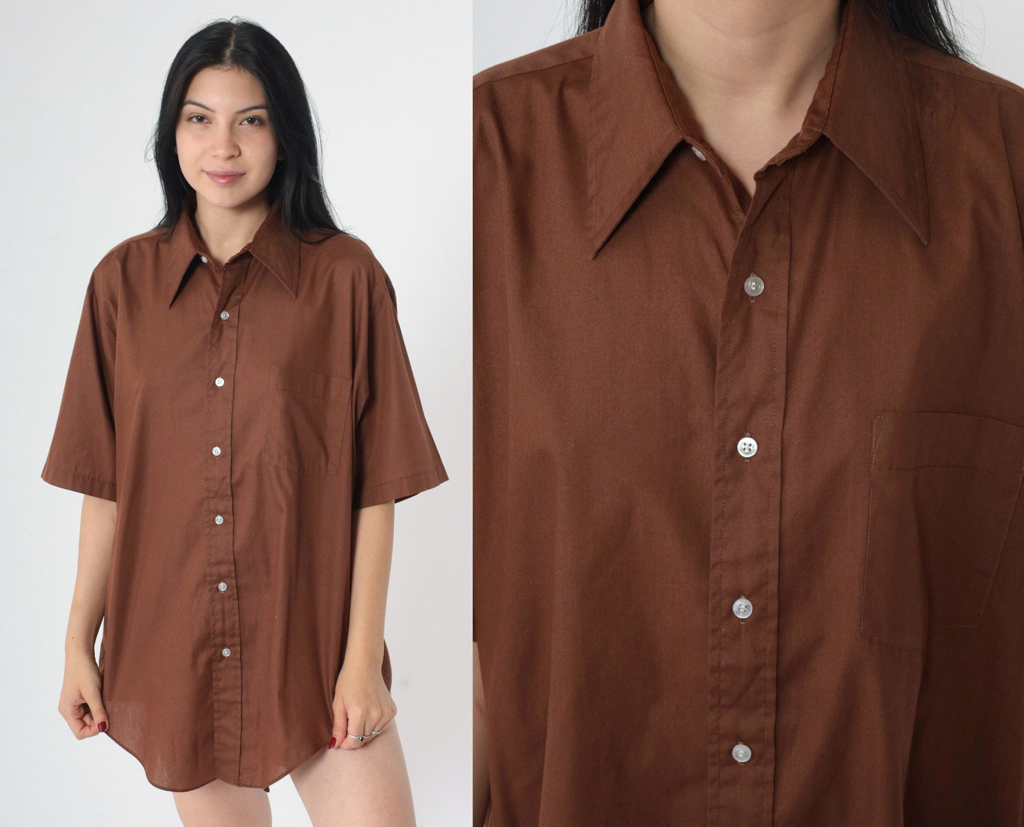 70s Brown Cotton Button-Up Shirt Short Sleeve Collared Men's Large