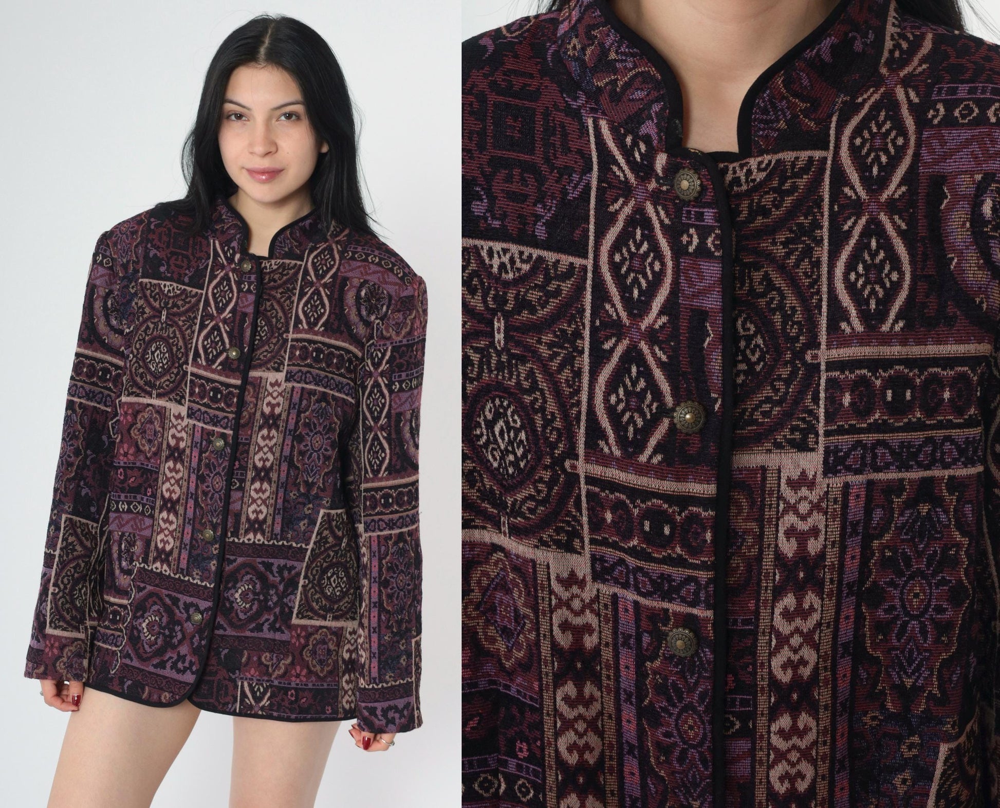 90s Tapestry Jacket Purple Patchwork Geometric Floral Mandarin Collar Medium M