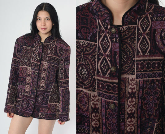 90s Tapestry Jacket Purple Patchwork Geometric Floral Mandarin Collar Medium M