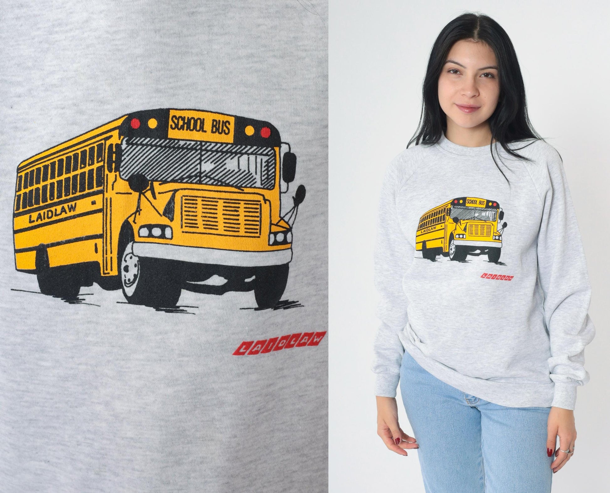 90s Jerzees Laidlaw School Bus Graphic Sweatshirt Grey Crewneck Medium