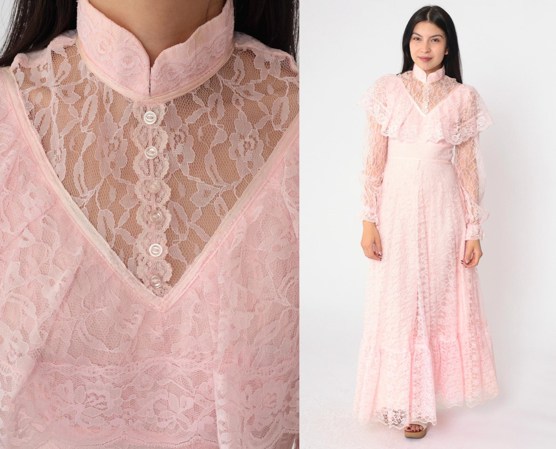 70s Pink Lace Maxi Gown High Neck Sheer Yoke Capelet Tiered Skirt Extra Small