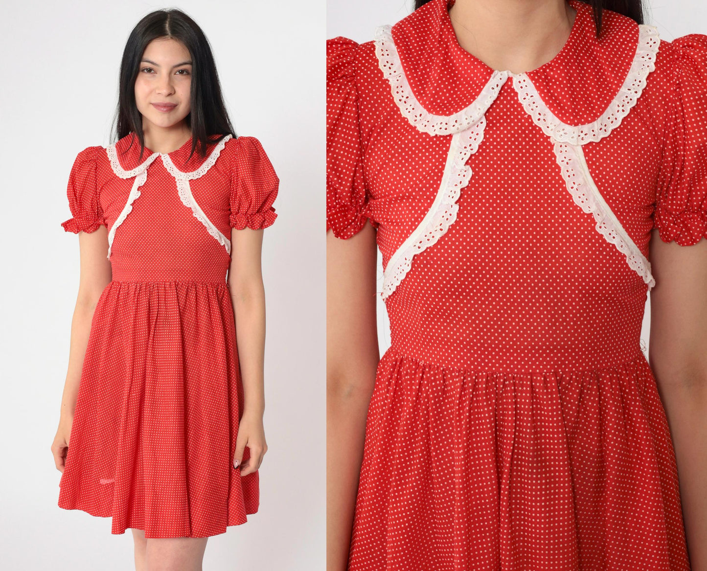 1970s Red Polka Dot Mini Dress Peter Pan Collar Puff Sleeve XXS