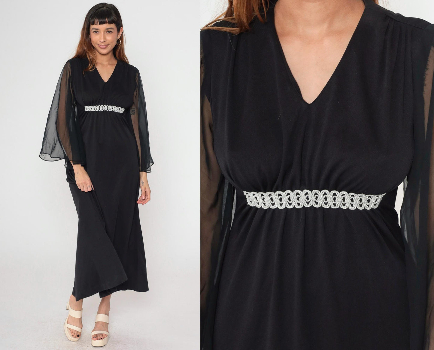70s Black Chiffon Angel Sleeve Maxi Dress Silver Trim Empire Waist Medium