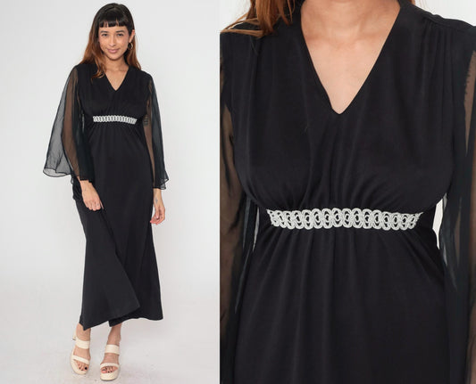70s Black Chiffon Angel Sleeve Maxi Dress Silver Trim Empire Waist Medium