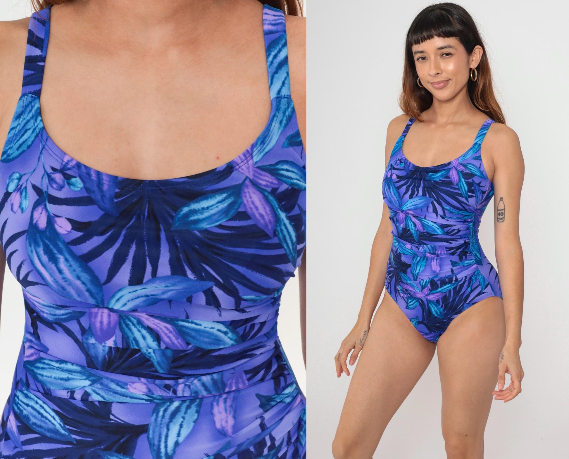90s Speedo Tropical Floral One-Piece Swimsuit Scoop Back Blue Purple Medium