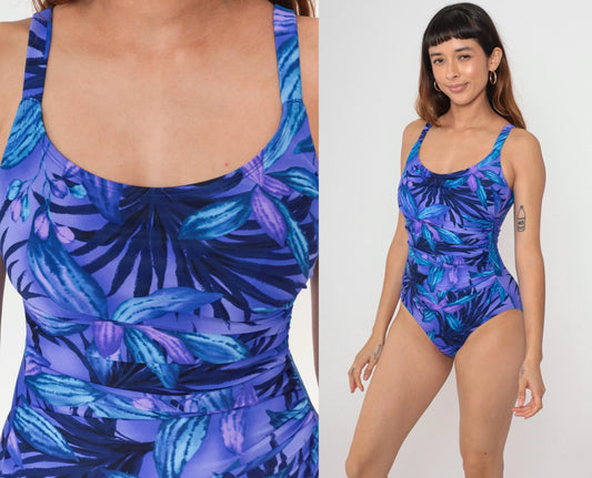 90s Speedo Tropical Floral One-Piece Swimsuit Scoop Back Blue Purple Medium