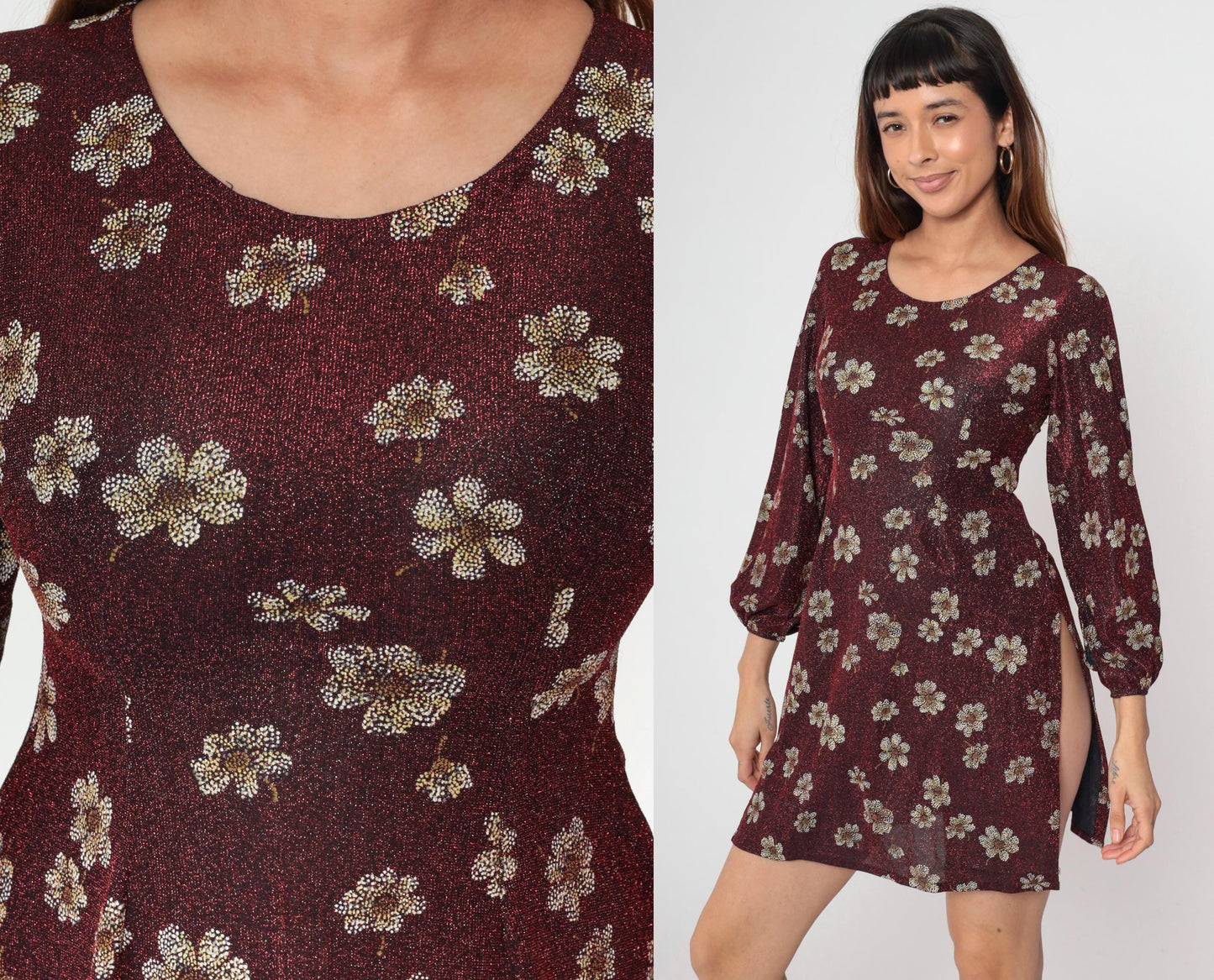 90s Metallic Floral Red Mini Dress High Slit Balloon Sleeve Extra Small