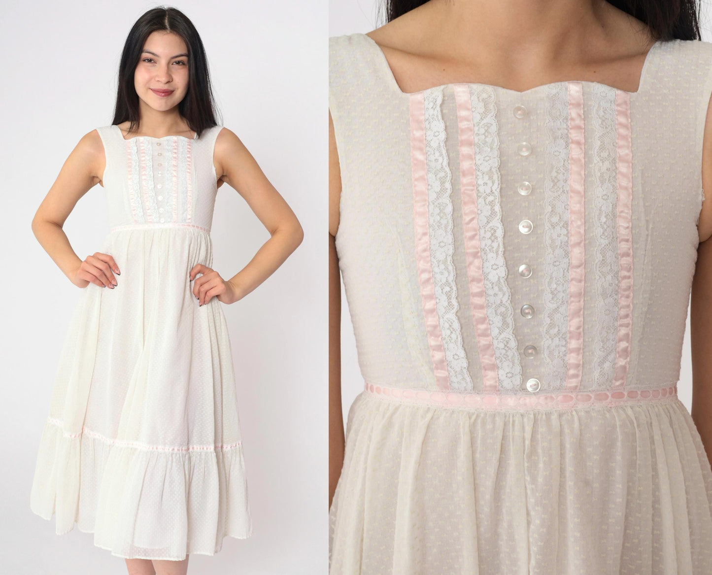 70s White Prairie Midi Dress Empire Waist Tiered Lace Pink Ribbon 2XS