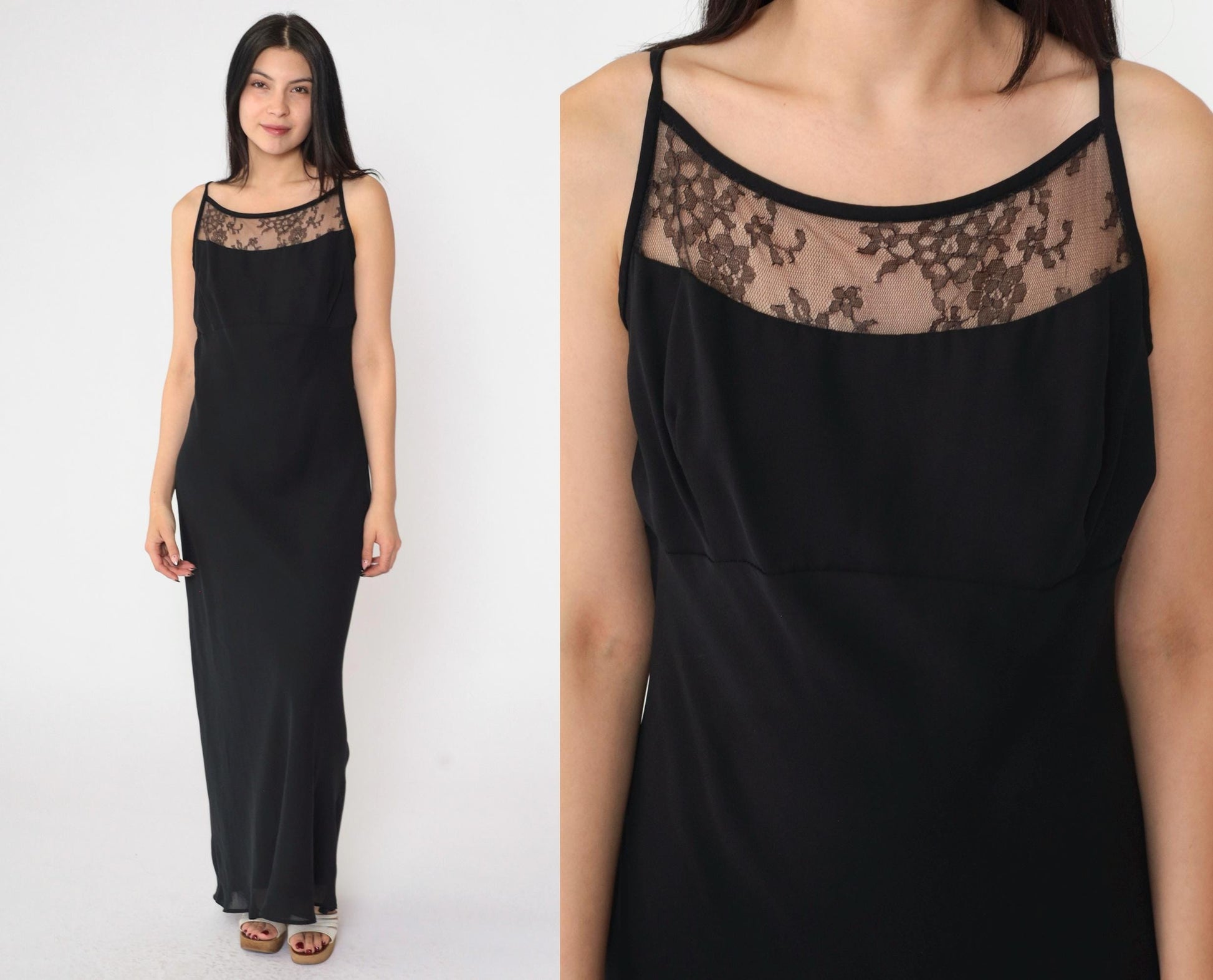 90s Jessica McClintock Gunne Sax Black Maxi Dress Spaghetti Strap Low Back Medium