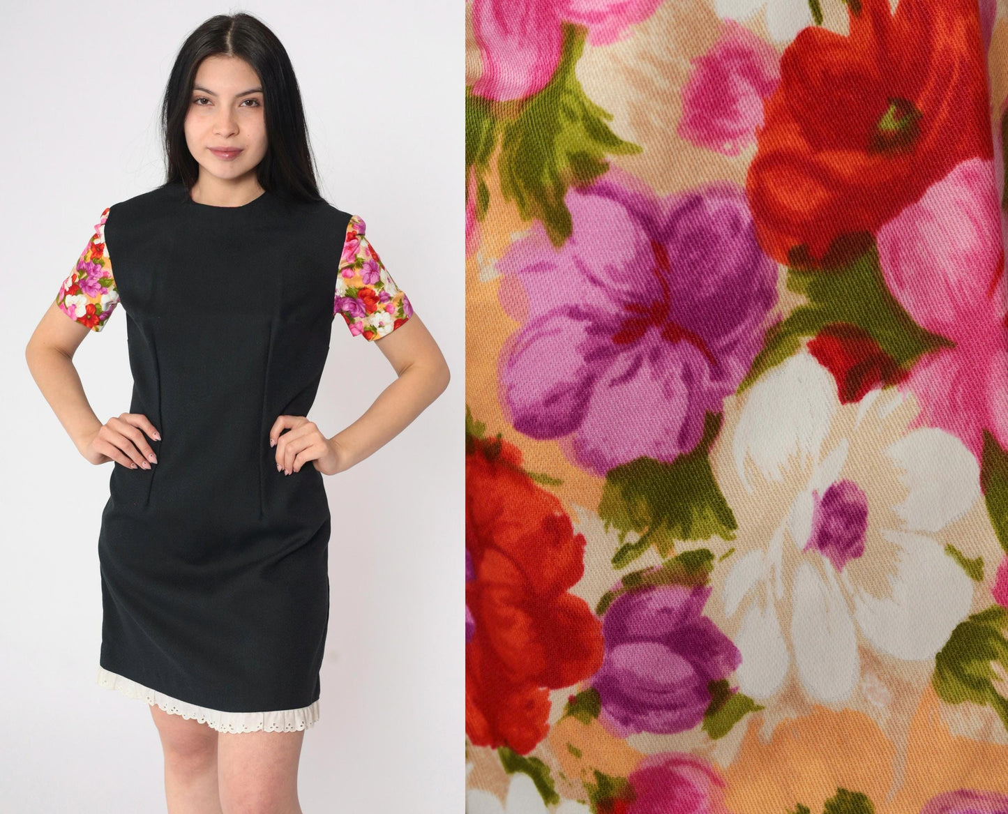 1960s Black Floral Puff Sleeve Mini Dress Eyelet Lace Shift Small S
