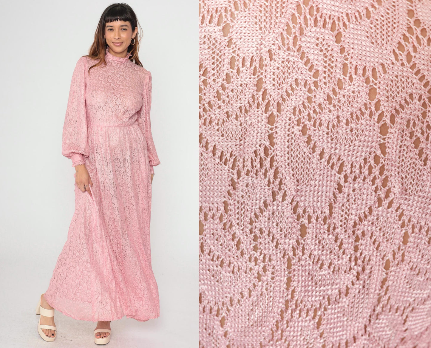 70s Pink Lace Maxi Dress Bishop Sleeve High Waist Button Back Small Medium