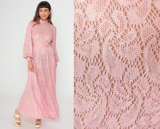 70s Pink Lace Maxi Dress Bishop Sleeve High Waist Button Back Small Medium