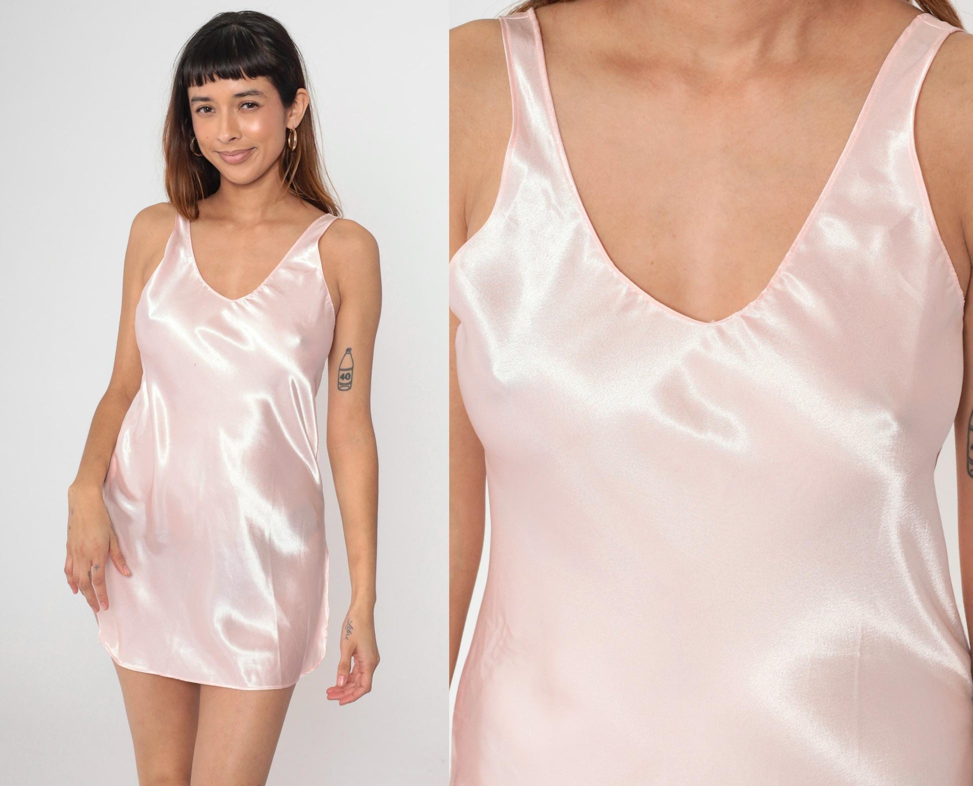 90s Pink Satin Slip Dress Low Back Tank Strap Mini Nightgown Small S